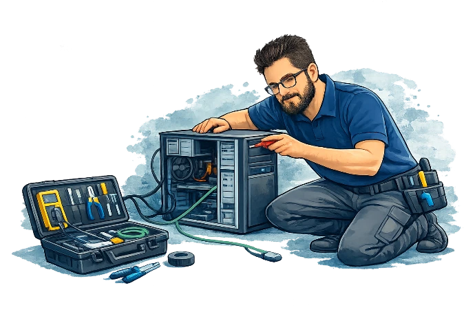 Technicien réalisant une maintenance informatique sur un ordinateur d’entreprise