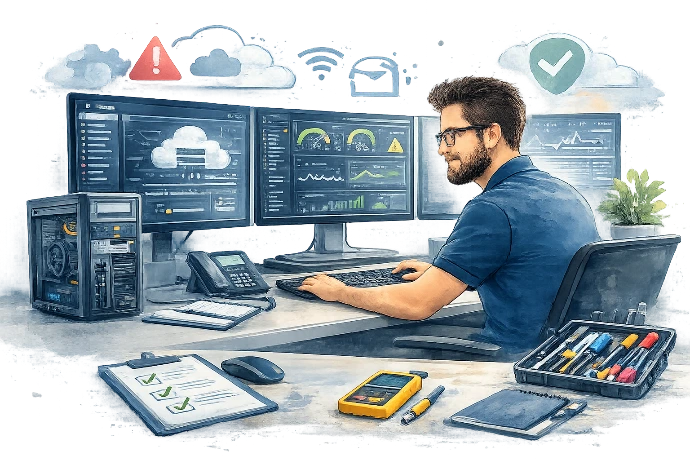 Technicien supervisant l’infrastructure et la sécurité informatique d’une entreprise