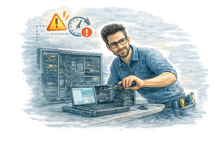 Technicien intervenant rapidement pour résoudre une panne informatique