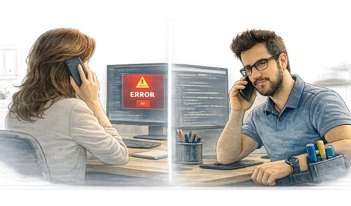 Prise de contact avec un technicien pour un dépannage informatique suite à un problème sur un ordinateur.