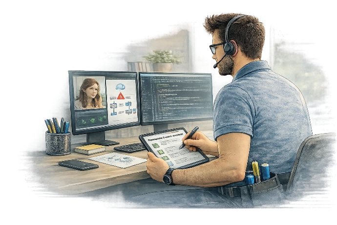 Technicien informatique analysant un problème informatique à distance afin de diagnostiquer la panne.