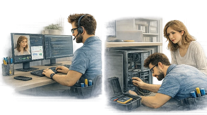 Intervention d’un technicien informatique pour réparer un ordinateur et résoudre un problème informatique.