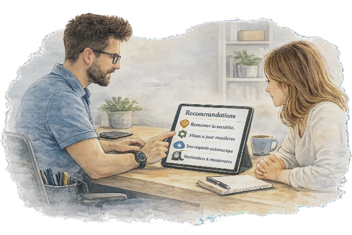 Technicien informatique donnant des conseils pour améliorer la sécurité et la fiabilité d’un système informatique.