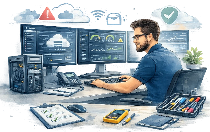 Technicien supervisant l’infrastructure informatique dans un service d’infogérance