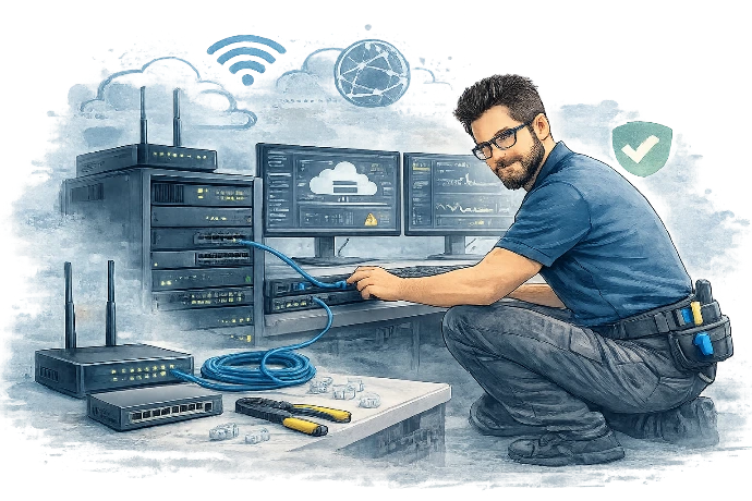 Technicien configurant un réseau informatique avec routeur et équipements réseau