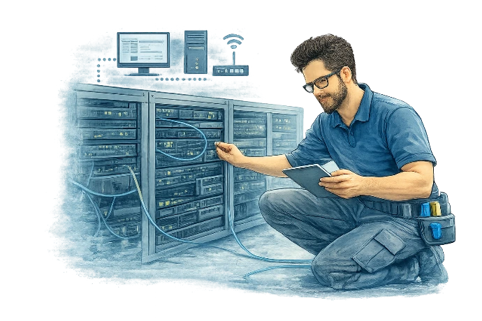 Analyse de l’infrastructure informatique d’une entreprise : vérification des serveurs, du réseau et du parc informatique.